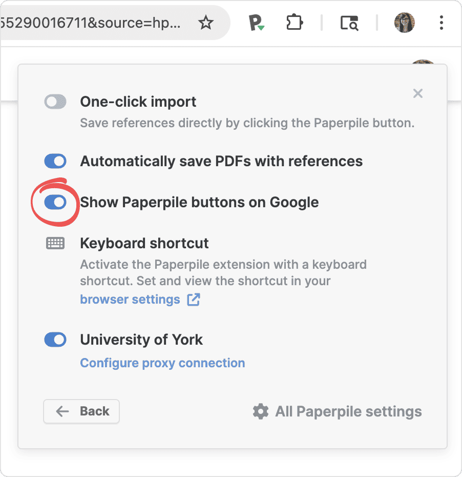 The extension settings panel with “One-click import” off, “Automatically save PDFs with references” on, a circled “Show Paperpile buttons on Google” toggle, a keyboard shortcut section and a proxy connection for the signed-in institution.